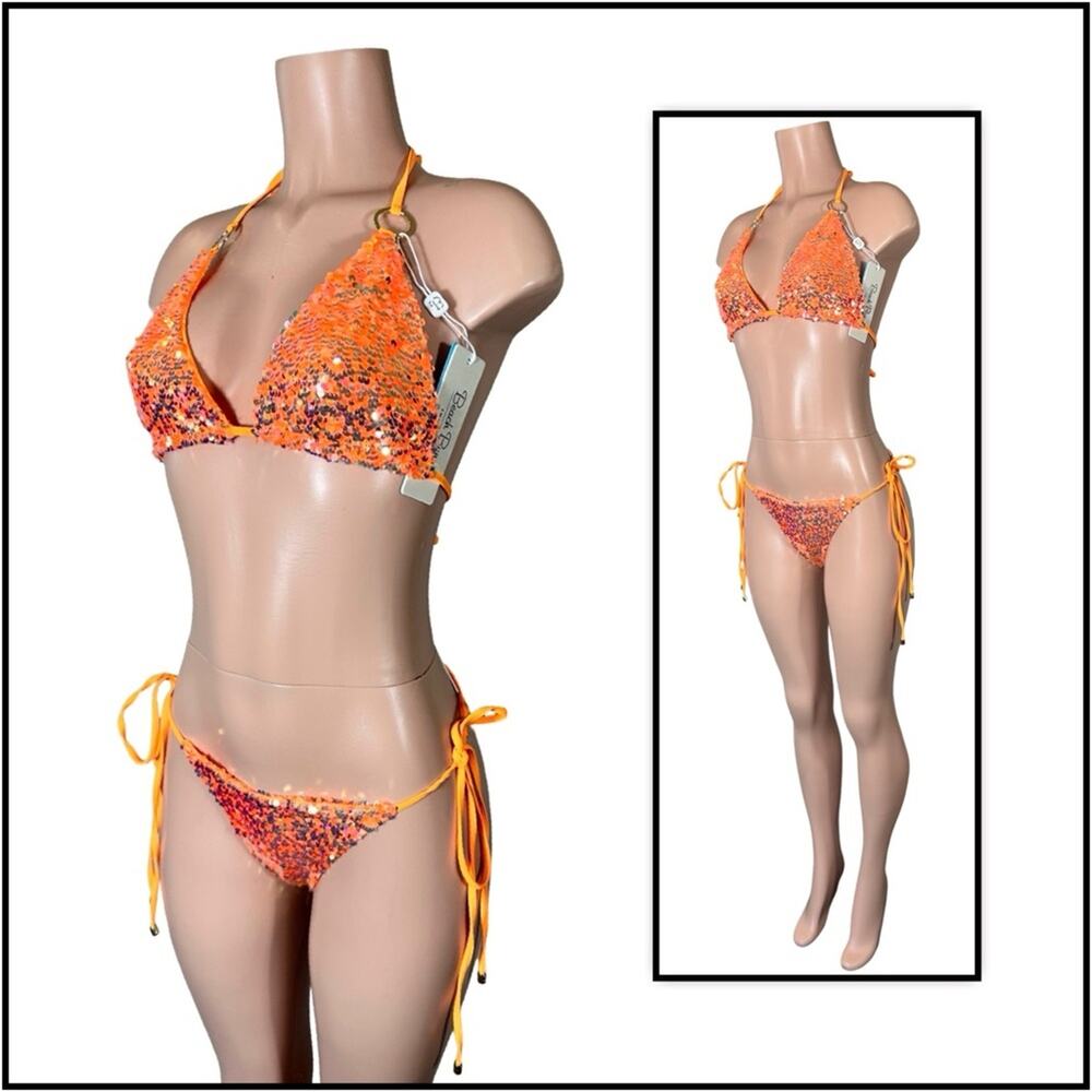 Beach Bunny Orange Icon Triangle Top DD & Icon L Tie Side Skimpy Bottom M $250 - Picture 4 of 14